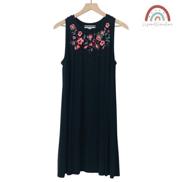Loft Floral Embroidered Sleeveless Jersey Black Swing Dress - Picture 2 of 12